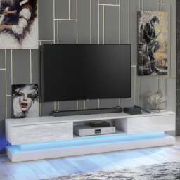 Rackhams Style Meets Function – 180cm Modern TV Unit with White Gloss Doors & Free LED Lighting - 180 cm  -  MDF/Chipboard - White Matt Body & White Gloss Doors