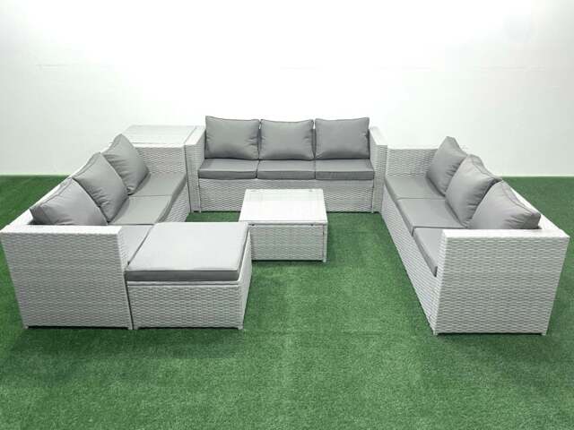 Rackhams Rattan Garden Outdoor Furniture Set 10 Seater Rattan Garden Sofa Set with Big Footstool Side Table Light Grey Mixed - image 1