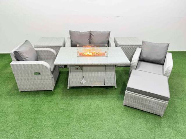 Rackhams Light Grey PE Wicker Rattan Garden Furniture Set Sofa Set Reclining Chair Fire Pit Dining Table 5 Seater With Footstool 2 Side Table - image 1
