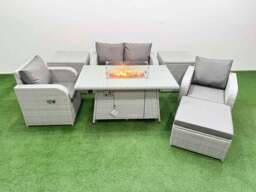 Rackhams Light Grey PE Wicker Rattan Garden Furniture Set Sofa Set Reclining Chair Fire Pit Dining Table 5 Seater With Footstool 2 Side Table - thumbnail 1