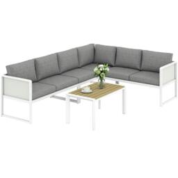 Rackhams 6 Seater Metal Garden Furniture Corner Sofa Set, White - Metal, Texteline, Cationic Polyester, Wood Plastic Composite - White frame, light grey cushions, natural wood table - 3 loveseats + 1 table - thumbnail 2