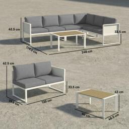 Rackhams 6 Seater Metal Garden Furniture Corner Sofa Set, White - Metal, Texteline, Cationic Polyester, Wood Plastic Composite - White frame, light grey cushions, natural wood table - 3 loveseats + 1 table - thumbnail 3