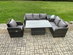 Rackhams Outdoor Rattan Furniture Garden Dining Set Patio Height Adjustable Rising lifting Table Reclining Chair Sofa With Side Table Dark Grey Mixed - thumbnail 2