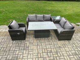 Rackhams Outdoor Rattan Furniture Garden Dining Set Patio Height Adjustable Rising lifting Table Reclining Chair Sofa With Side Table Dark Grey Mixed - thumbnail 1