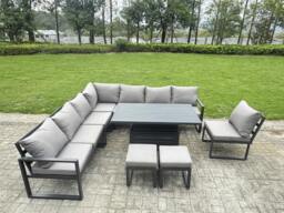 Rackhams 9 Seater Aluminium Garden Furniture Set with Adjustable Rising Dining Table, 2 Footstools - Dark Grey - thumbnail 2