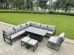 Rackhams 9 Seater Aluminium Garden Furniture Set with Adjustable Rising Dining Table, 2 Footstools - Dark Grey - thumbnail 1