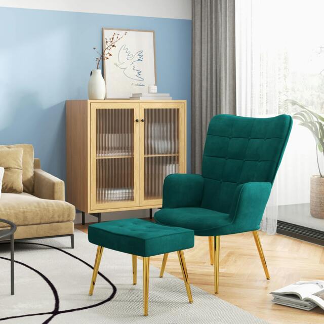 Rackhams Button Tufted Armchair with Footstool and Gold Legs - image 1