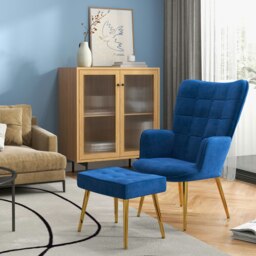 Rackhams Button Tufted Armchair with Footstool and Gold Legs - Green - Steel, Foam, Velvet(100% polyester) - thumbnail 2
