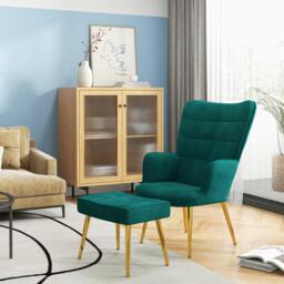Rackhams Button Tufted Armchair with Footstool and Gold Legs - thumbnail 1