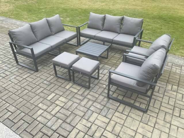 Rackhams Aluminium Patio Outdoor Garden Furniture Lounge Sofa Set with Square Coffee Table 2 Chairs 2 Small Footstool Dark Grey - image 1