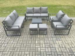 Rackhams Aluminium Patio Outdoor Garden Furniture Lounge Sofa Set with Square Coffee Table 2 Chairs 2 Small Footstool Dark Grey - thumbnail 2