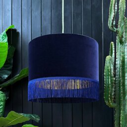 "Rackhams Indigo Velvet Lampshade With Gold Foil Lining and Fringing - Ceiling Pendant / Arc Lamp - 35cm Diameter x 20cm Height / (14"" x 8"")" - thumbnail 2