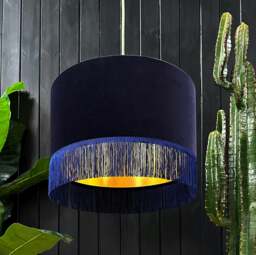 "Rackhams Indigo Velvet Lampshade With Gold Foil Lining and Fringing - Ceiling Pendant / Arc Lamp - 35cm Diameter x 20cm Height / (14"" x 8"")" - thumbnail 1