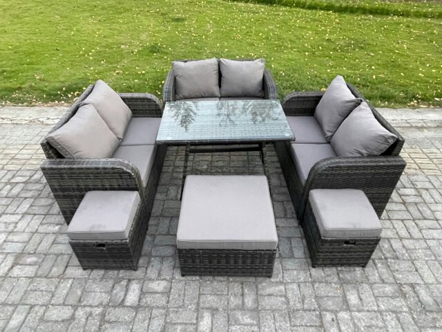 Rackhams Outdoor Rattan Garden Furniture Set 9 Seater Patio Love Sofa Set with Rectangular Dining Table 3 Footstools Dark Grey Mixed - image 1