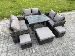 Rackhams Outdoor Rattan Garden Furniture Set 9 Seater Patio Love Sofa Set with Rectangular Dining Table 3 Footstools Dark Grey Mixed - thumbnail 2
