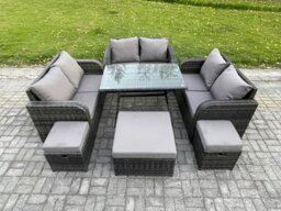 Rackhams Outdoor Rattan Garden Furniture Set 9 Seater Patio Love Sofa Set with Rectangular Dining Table 3 Footstools Dark Grey Mixed - thumbnail 1