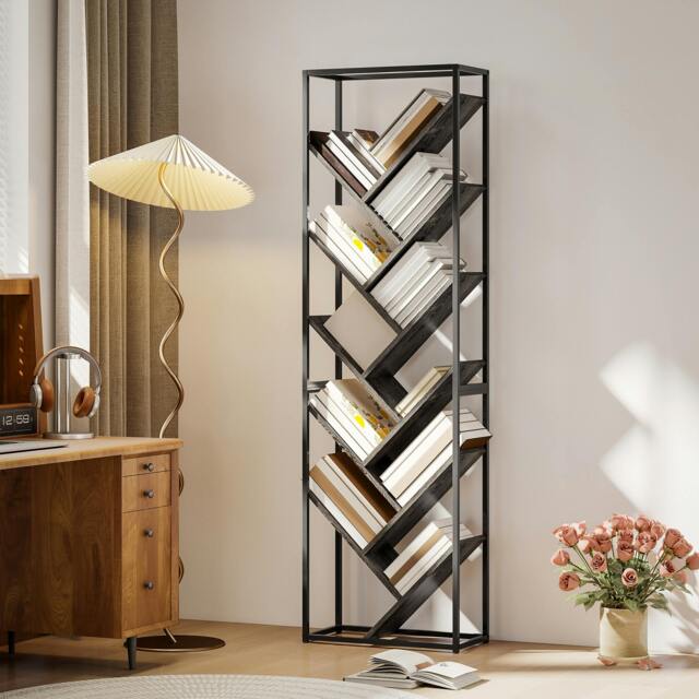 Rackhams 10 Tier Tree Bookshelf Industrial Tall Bookcase Rustic Brown Black - Grey, Black - image 1