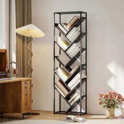 Rackhams 10 Tier Tree Bookshelf Industrial Tall Bookcase Rustic Brown Black - Grey, Black