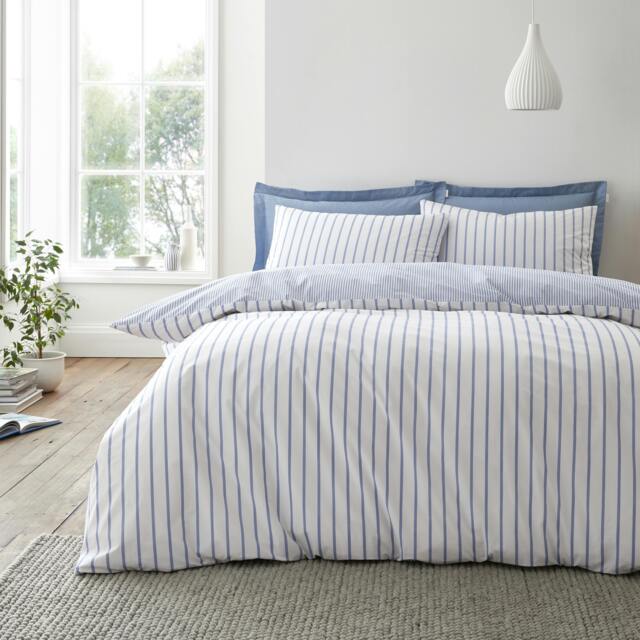 Rackhams Hampton Stripe 200 Thread Count Cotton Reversible Duvet Cover Set Blue - Single - Blue - image 1