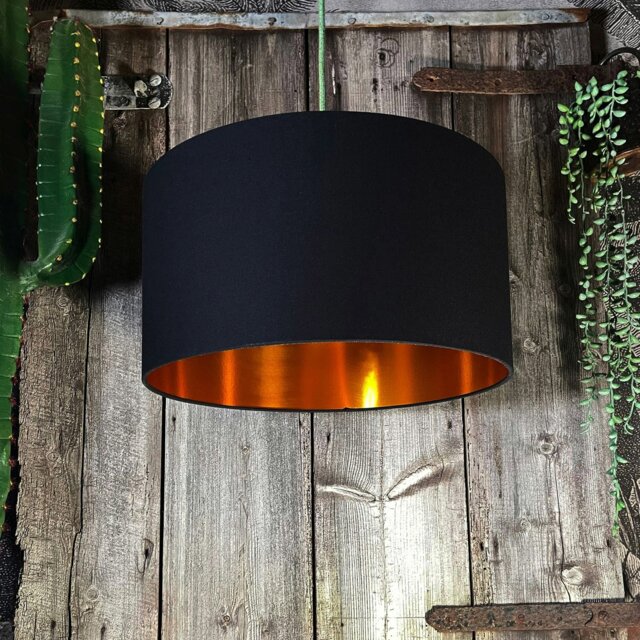 "Rackhams Jet Black Cotton Lampshade with Copper Foil Lining - 30cm Diameter x 30cm Height / (12"" x 12"")" - image 1