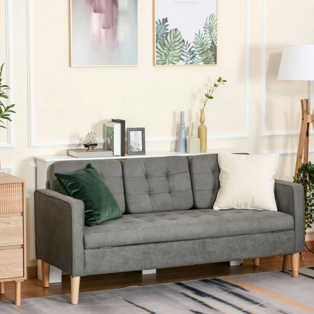 Rackhams Compact 3-Seater Sofa w/ Hidden Storage Rubber Wood Legs Grey - image 1