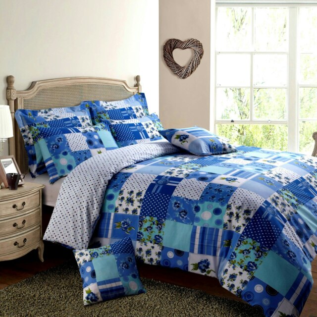 Rackhams Stitch Trail Patchwork Printed Cotton Blend Duvet Cover and Pillowcase Set - Blue - Double