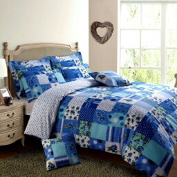 Rackhams Stitch Trail Patchwork Printed Cotton Blend Duvet Cover and Pillowcase Set - Blue - Double