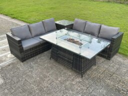 Rackhams Rattan 6 Seater Outdoor Garden Corner Sofa Furniture Gas Fire Pit Table Dining Set - Dark Grey - thumbnail 1