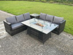 Rackhams Rattan 6 Seater Outdoor Garden Corner Sofa Furniture Gas Fire Pit Table Dining Set - Dark Grey - thumbnail 3
