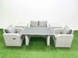 Rackhams Outdoor Rattan Garden Furniture Dining Set 4 seater Patio Rectangular Table Love Sofa Reclining Chair Set with 2 Side Tables - thumbnail 1