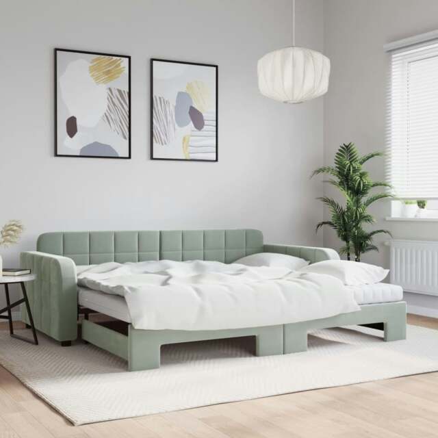 Rackhams Daybed with Trundle and Mattresses Light Grey 90x190 cm Velvet