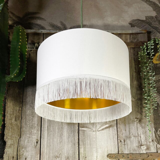"Rackhams Crisp White Lampshade with Gold Lining & White Fringing - Ceiling Pendant / Arc Lamp - 40cm Diameter x 23cm Height / (16"" x 9"")" - image 1