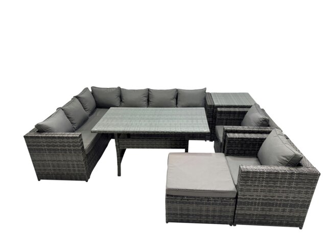 Rackhams Outdoor PE Rattan Sofa Set with Dining Table Patio Garden Furniture Sets with Big Stool Side Table Dark Grey Mixed - image 1