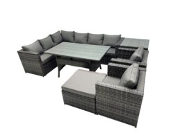 Rackhams Outdoor PE Rattan Sofa Set with Dining Table Patio Garden Furniture Sets with Big Stool Side Table Dark Grey Mixed - thumbnail 2