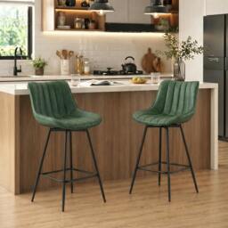Rackhams Swivel Bar Stools Set of 2, PU Leather Upholstery, Dark Green - thumbnail 1