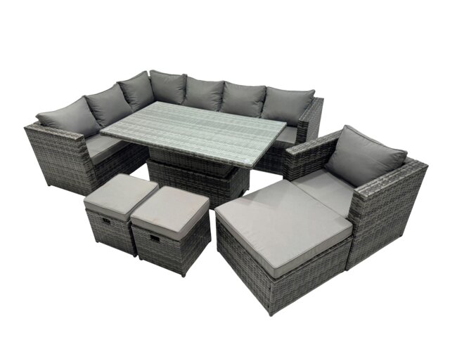 Rackhams 10 seater Height Adjustable Rising Lifting Table Corner Sofa Set Rattan Garden Furniture Dining Set with 3 Stool Dark Grey Mixed - image 1