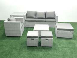 Rackhams Garden Outdoor Furniture Set 7 Seater Rattan Sofa Set with 3 Footstools Armchair Side Table Light Grey Mixed - thumbnail 2
