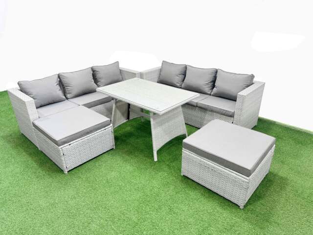 Rackhams Rattan Garden Furniture Dining Set 8 seater Patio Rectangular Table 3 Seater Sofa Set with 2 Big Stools Light Grey - image 1