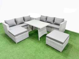 Rackhams Rattan Garden Furniture Dining Set 8 seater Patio Rectangular Table 3 Seater Sofa Set with 2 Big Stools Light Grey - thumbnail 1