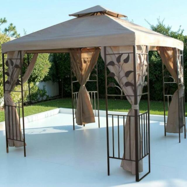 Rackhams 2.5m Square Gazebo with Beige Polyester Cover and 4 Curtains, Steel Frame with Leaf Corner Design - image 1