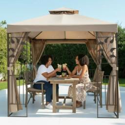 Rackhams 2.5m Square Gazebo with Beige Polyester Cover and 4 Curtains, Steel Frame with Leaf Corner Design - thumbnail 2