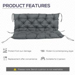 Rackhams Garden Bench Cushion, 2 Seater Swing Chair Cushion, Seat Pad with Ties for Indoor and Outdoor Use, 110 x 120 cm, Dark Grey - thumbnail 5