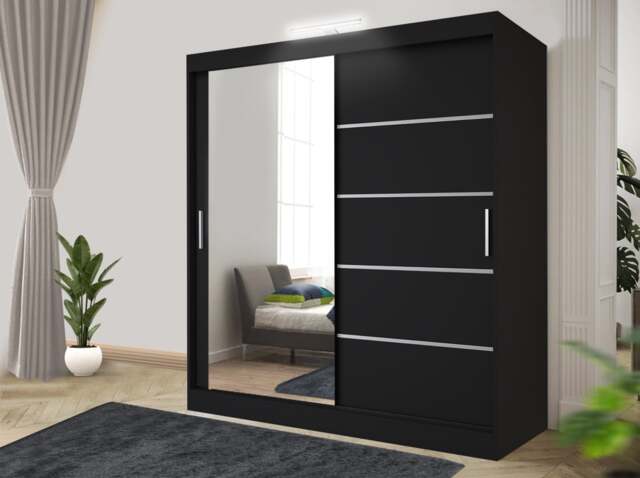 Rackhams Stylish Bedroom Sliding Wardrobe with LED Light - comes in White/Grey/Black/Oak and Width 120cm/150cm/180cm/203cm/250cm - 180cm - Black - Modern - image 1