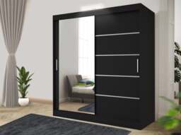 Rackhams Stylish Bedroom Sliding Wardrobe with LED Light - comes in White/Grey/Black/Oak and Width 120cm/150cm/180cm/203cm/250cm - 180cm - Black - Modern
