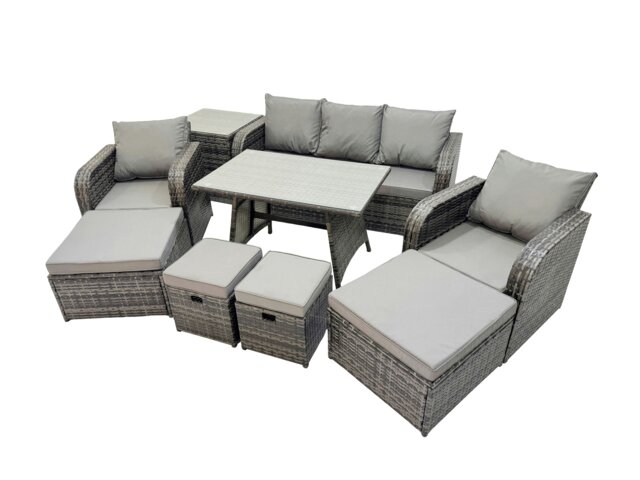 Rackhams Garden Rattan Outdoor Furniture Set 9 Seater with 3 Seater Sofa Side Table 2 Big Stool 2 Small Stools Dark Grey - image 1