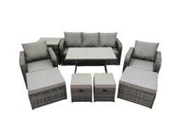 Rackhams Garden Rattan Outdoor Furniture Set 9 Seater with 3 Seater Sofa Side Table 2 Big Stool 2 Small Stools Dark Grey - thumbnail 2