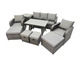 Rackhams Garden Rattan Outdoor Furniture Set 9 Seater with 3 Seater Sofa Side Table 2 Big Stool 2 Small Stools Dark Grey - thumbnail 1