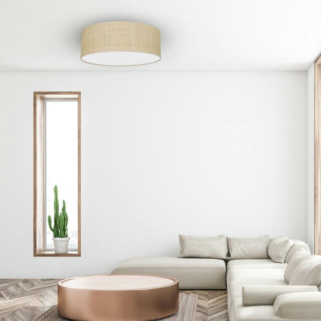 Rackhams Marshall Hand Made Designer Ceiling Lamp In Matt White Metal And Natural Rattan Coloured Fabric - image 1