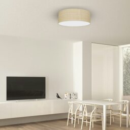 Rackhams Marshall Hand Made Designer Ceiling Lamp In Matt White Metal And Natural Rattan Coloured Fabric - thumbnail 3