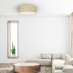 Rackhams Marshall Hand Made Designer Ceiling Lamp In Matt White Metal And Natural Rattan Coloured Fabric - thumbnail 1